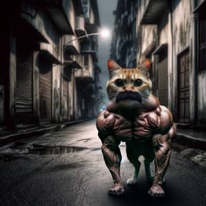 Muscular Mustache Cat on Ominous Street - Powerful Feline Stance