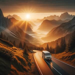 Van Driving on Mountainous Road at Sunrise