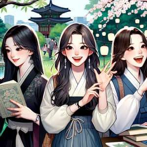 Korean Friends Enjoying a Day Out in Lush Park