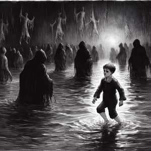 Eerie Scene of a Boy in Deep Dark Water | Mystery Illustration