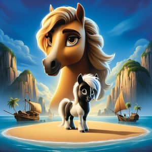 Animated Pixar Movie Poster: Deserted Island with 2 Ponies