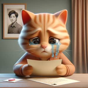 Heartfelt 3D Cartoon: Crying Ginger Cat Reading Letter