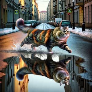 Unique Colorful Cat Sprinting Through Flooded City Street