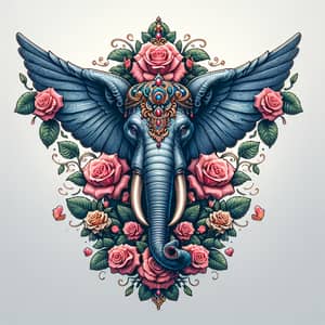 Elephant with Widely Opened Ears and Trunk Adorned with Roses