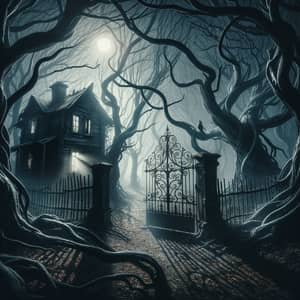 Twisted Forest Under Full Moon: Abandoned House & Wrought Iron Gate