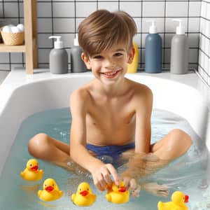 Caucasian Boy in Swimming Trunks Playing in Bathtub