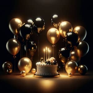 Elegant Golden Balloons and Glowing Cake Celebration
