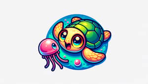 Cute Sea Turtle Playing with Pink Jellyfish - Cartoonish Style