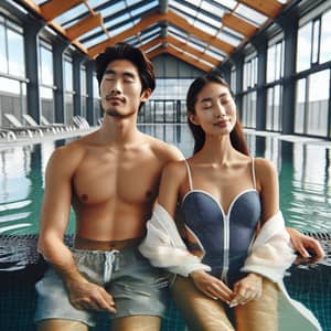Relaxing Indoor Pool Experience with East Asian Man and Middle Eastern Woman