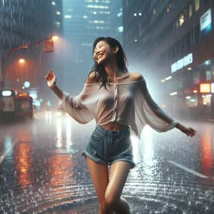 Joyful Asian Woman Dancing in Rain | Urban City Setting