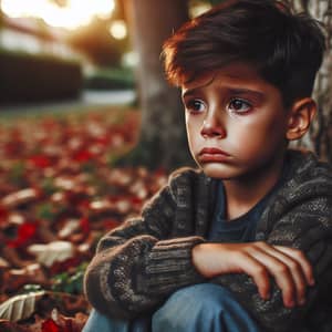 Crying Hispanic Boy in Autumn Park | Deep Sadness Portrait