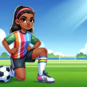 Athletic Diverse Girl Soccer Player on Green Field