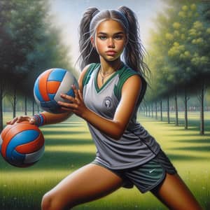 Athletic Girl Oil Painting in Vibrant Park Setting