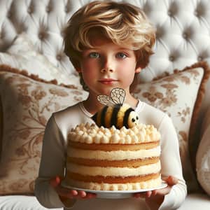 Young Boy Holding Multi-Layered Cake with Bee and Pillow
