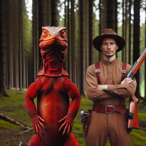 Exotic Red Lizard and Hunter in Dense Forest