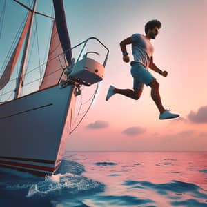 Middle-Eastern Man Leaping off Sailboat at Sunset
