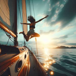 Ethereal Sunset Jump | Energetic Woman Leaping off Classic Wooden Sailboat