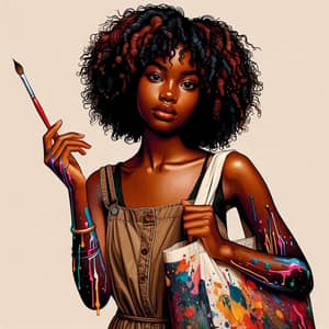 Young Black Girl with Curly Hair Holding Tote Bag and Paintbrush