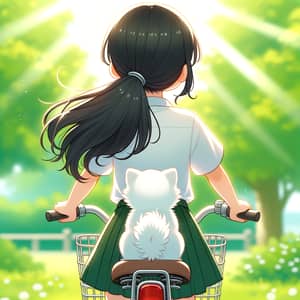 Black-Haired Girl Riding Bicycle with White Puppy in Vibrant Green Park