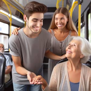 Young Man Offering Seat to Elderly Woman on Crowded Bus