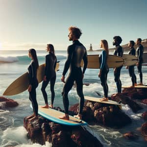 Surfing on Rocks: Adventurous Group Ready for Waves