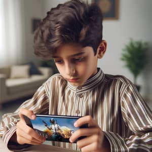Engaging Middle-Eastern Boy Playing Popular Battle Royale Game