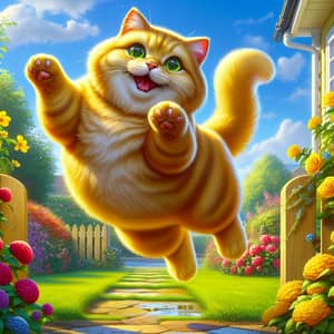 Golden Cat Jumping in Vibrant Garden | Fun Cat Art