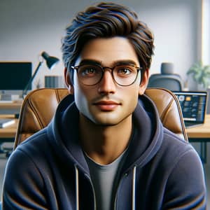Professional South Asian Man with Eyeglasses in Navy Blue Hoodie