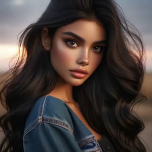 Young Hispanic Woman with Striking Features in Sunset Background