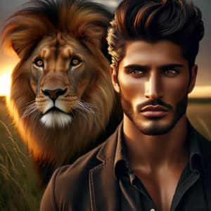 Middle-Eastern Model and Asiatic Lion on Grassland | Sunset Scene