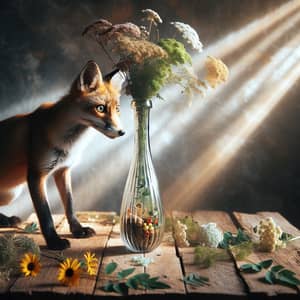 Crafty Fox Approaching Tall Narrow Vase | Wildlife Scene