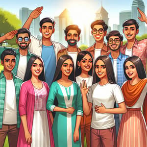 Happy Young Indian People in Urban Park | Diverse Group Illustration