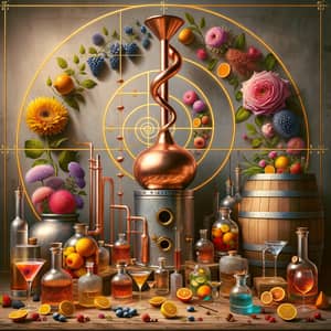Captivating Still Life Composition with Gleaming Copper Still & Fruit Infusions