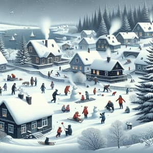 Winter Wonderland: Serene Snow-Covered Town with Joyful Activities
