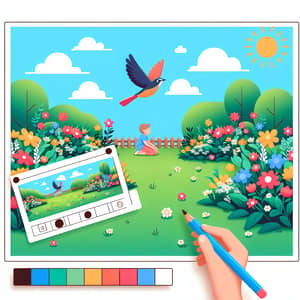 Sunny Springtime Garden with Child and Colorful Bird