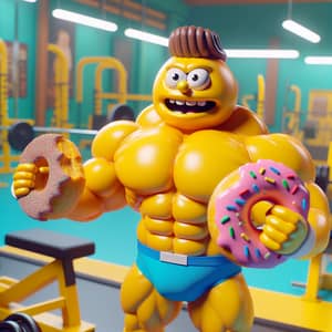 Homer Simpson bodybuilder, donut-shaped dumbbells in hands