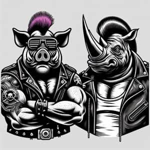 the boar bebop and the rhinoceros Rocksteady from the cartoon Teenage Mutant Ninja Turtles, tattoo in the graphic style of black and white