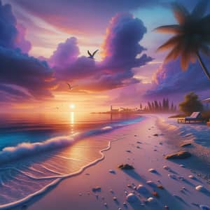 Serene Beach Sunset: Pristine Sands, Seagulls, and Lighthouse View