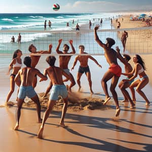 Diverse Co-Ed Volleyball Game on Sunny Spanish Beach