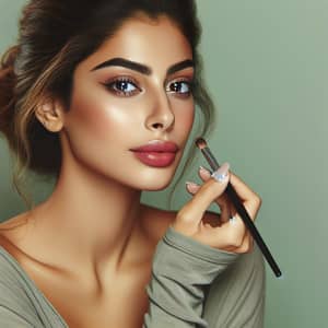 Middle-Eastern Woman Applying Makeup on Soft Green Background