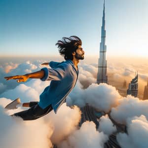 South Asian Man Embracing Vast Sky by Burj Khalifa in Dubai