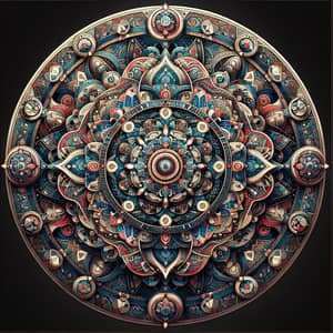 Intricate Kaleidoscopic Circle Design in Blue, Red & Gold