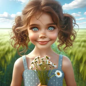 Curly Brown Hair Girl with Daisy Bouquet | Field Scene