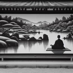 Zen Garden Painting with Meditating Monk