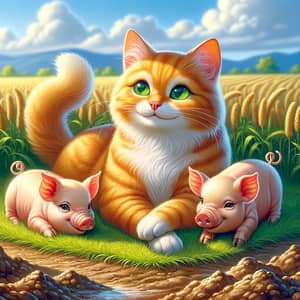 Heartwarming Friendship: Cat, Pigs in Grassy Field