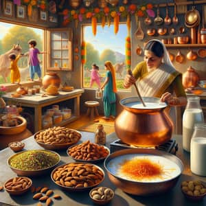 Traditional Indian Kitchen: Aromatic Saffron Milk & Joyful Activities
