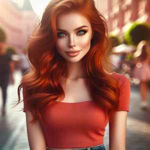 Confident Young Woman with Fiery Red Hair | Vibrant Cityscape Backdrop