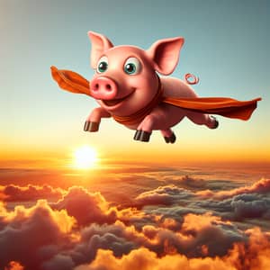 Cheerful Flying Pig Soars Above Clouds at Sunset