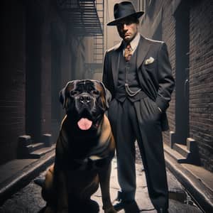 Italian Gangster Style Man with Mastiff in Dark Alleyway