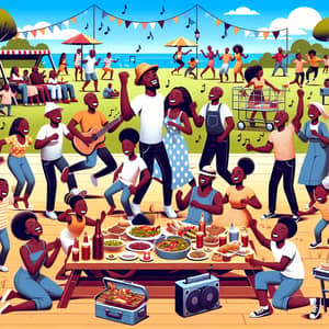 Black Family Lively Park Party: Joyful Gathering Under Clear Sky